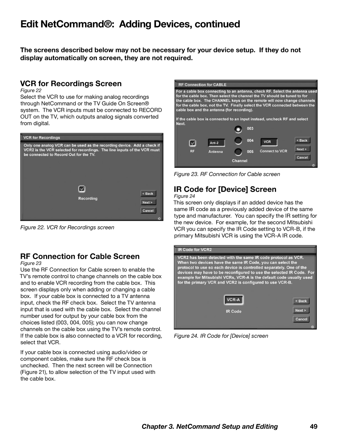 Mitsubishi Electronics WD-62827 manual VCR for Recordings Screen, IR Code for Device Screen, RF Connection for Cable Screen 