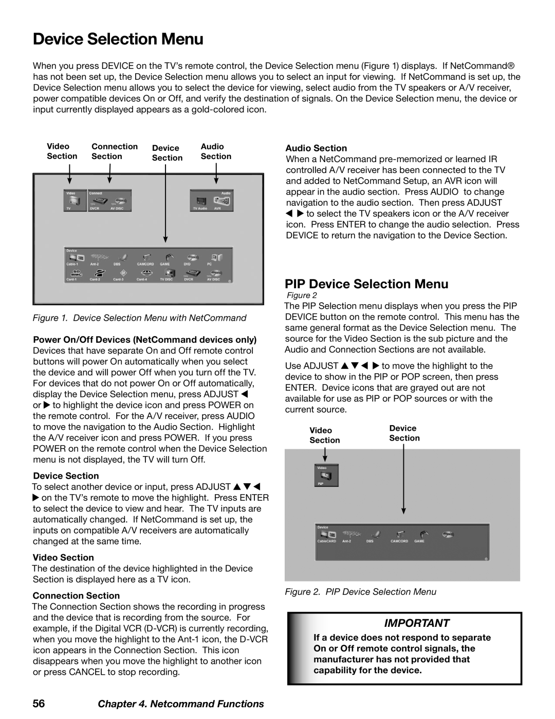 Mitsubishi Electronics WD-62827 manual PIP Device Selection Menu, Audio Section, Video Section, Connection Section 