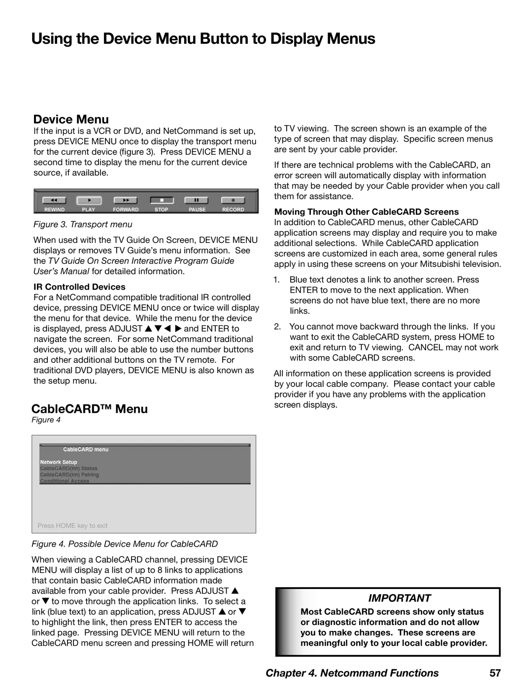 Mitsubishi Electronics WD-62827 manual Using the Device Menu Button to Display Menus, CableCARD Menu, IR Controlled Devices 