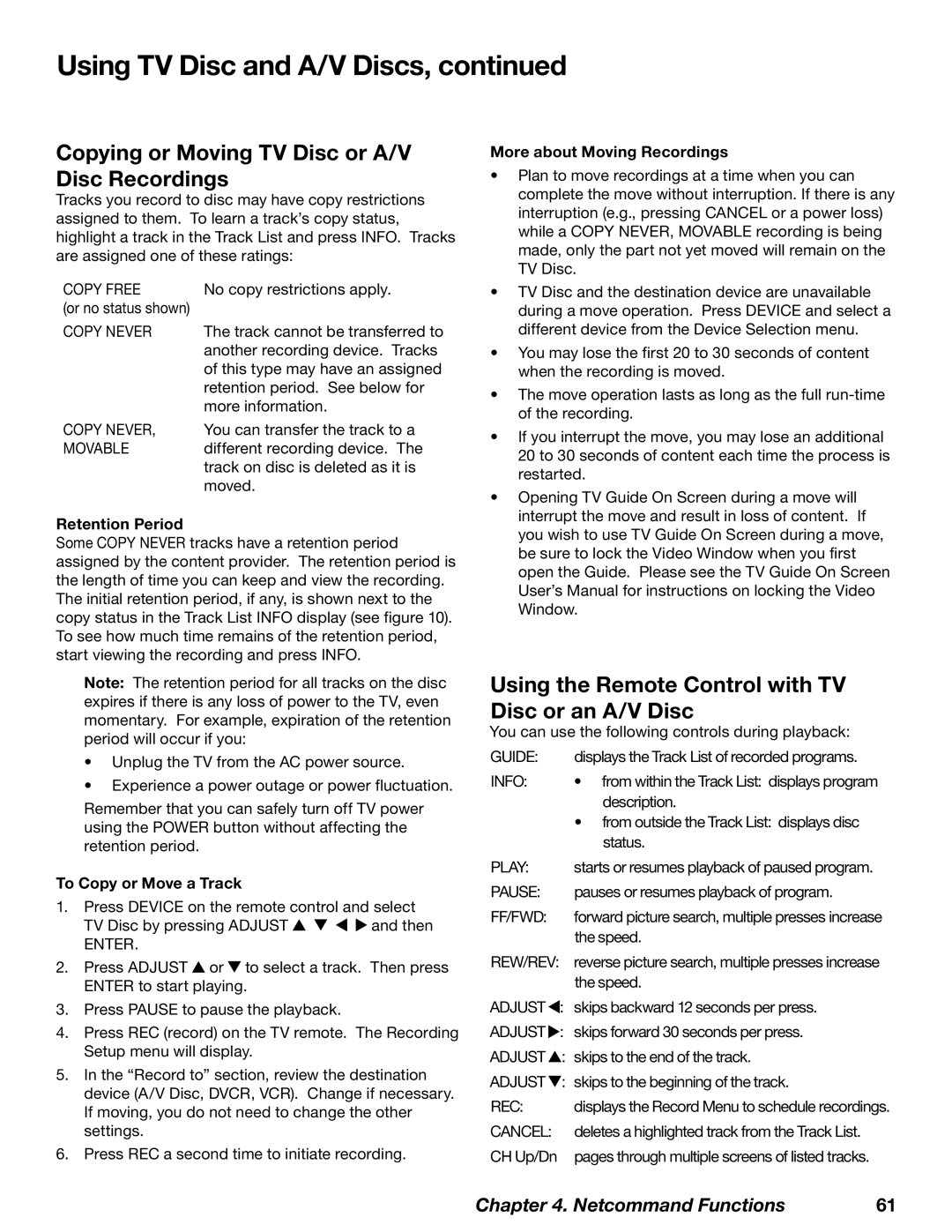 Mitsubishi Electronics WD-62827 manual Using TV Disc and A/V Discs, Copying or Moving TV Disc or A/V Disc Recordings 