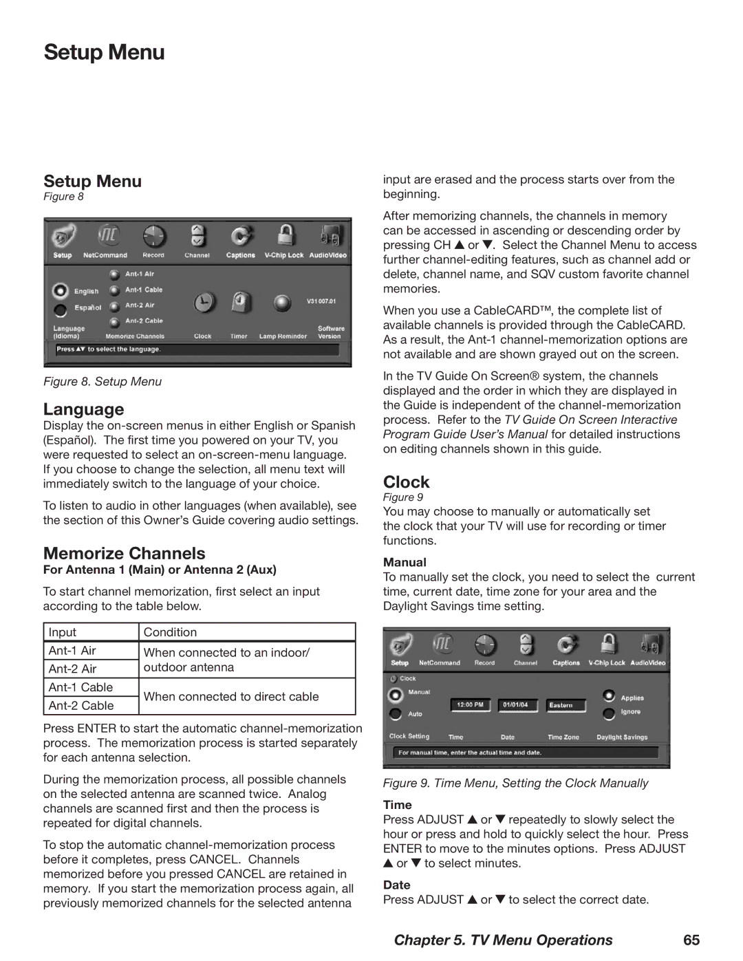 Mitsubishi Electronics WD-62827 manual Setup Menu, Language, Memorize Channels, Clock 