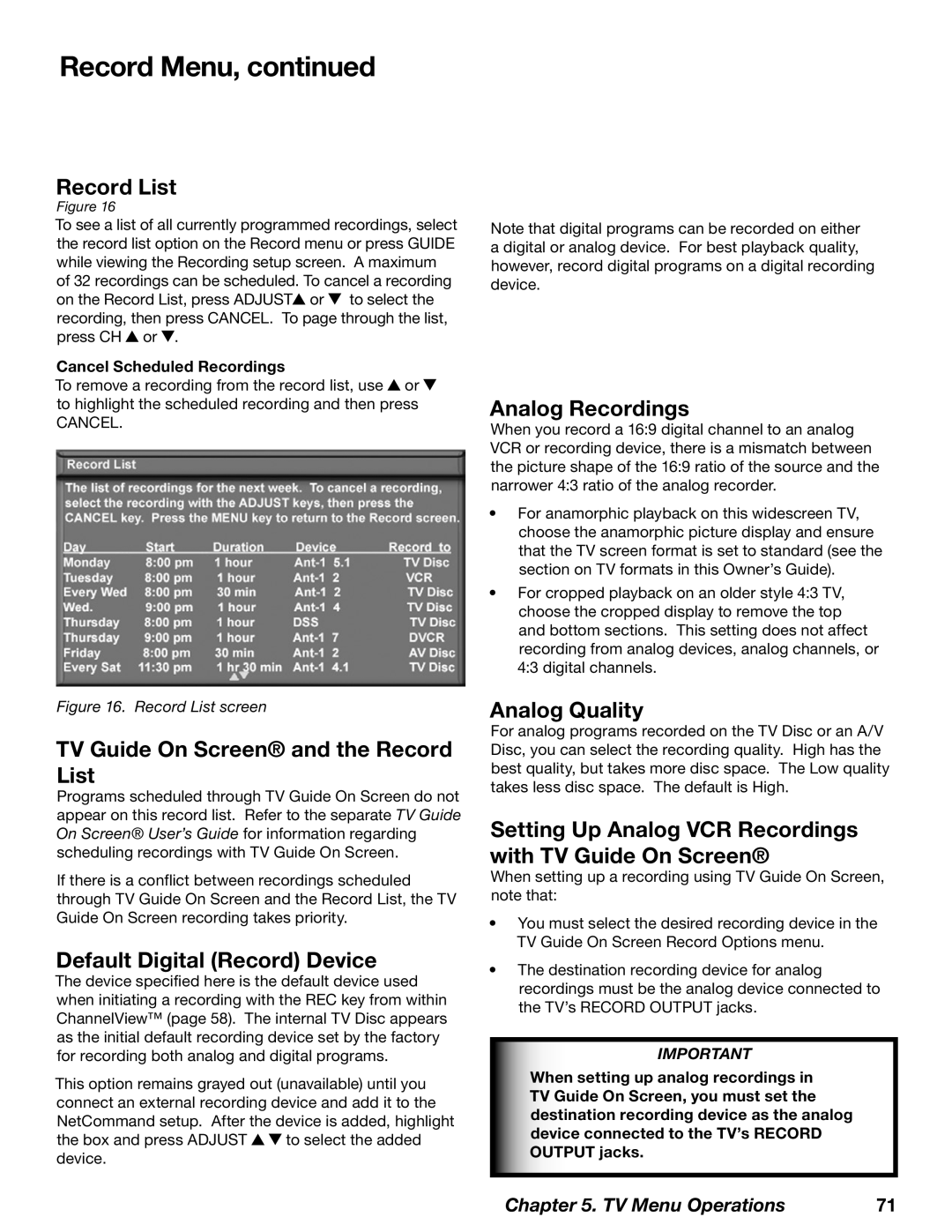 Mitsubishi Electronics WD-62827 TV Guide On Screen and the Record List, Default Digital Record Device, Analog Recordings 