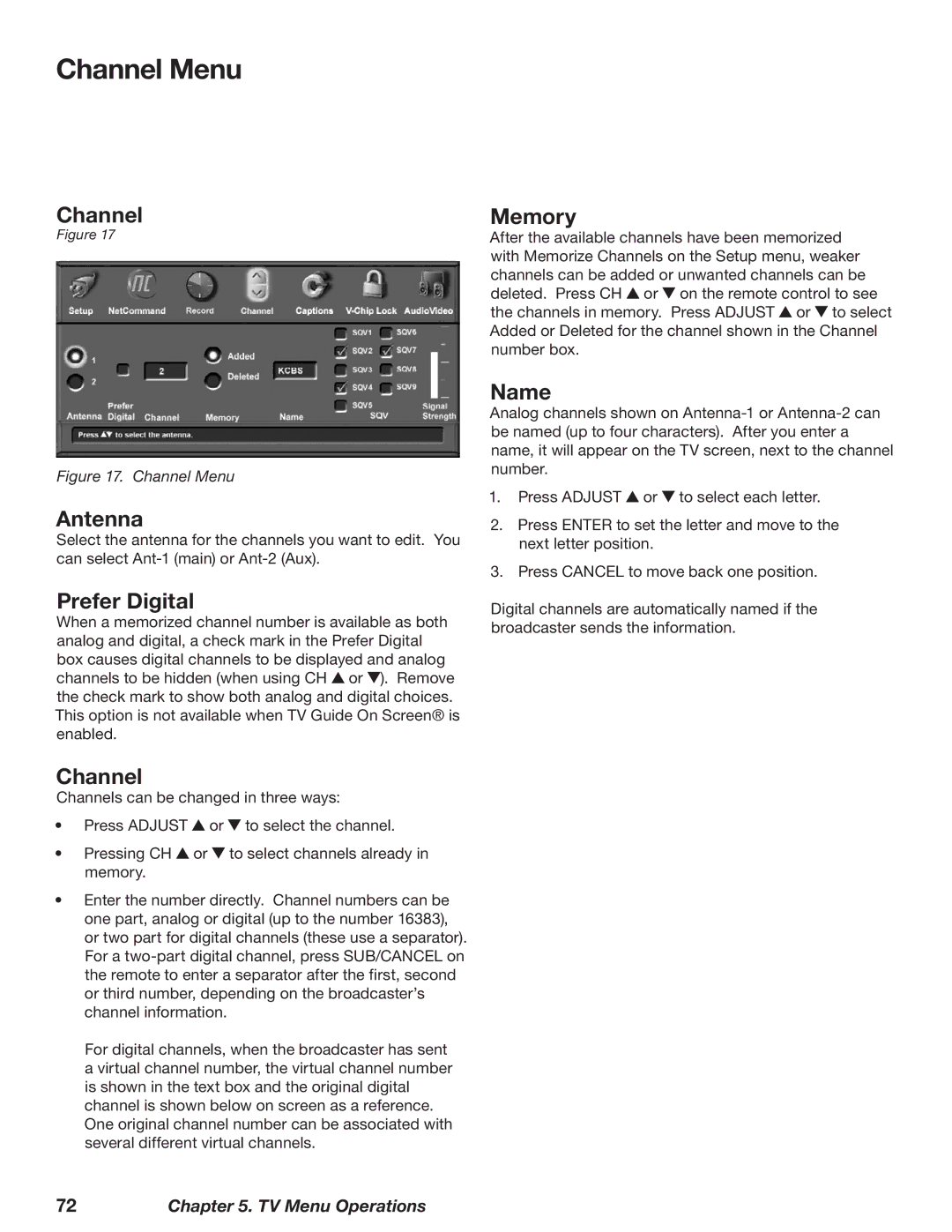 Mitsubishi Electronics WD-62827 manual Channel Menu 