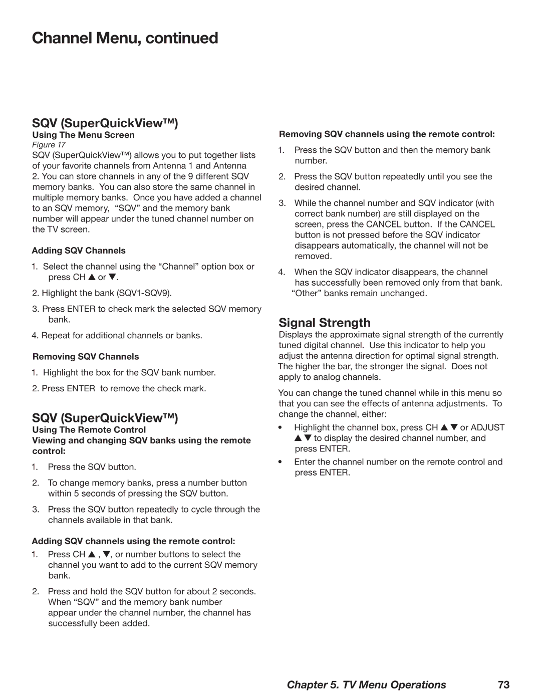 Mitsubishi Electronics WD-62827 manual SQV SuperQuickView, Signal Strength 