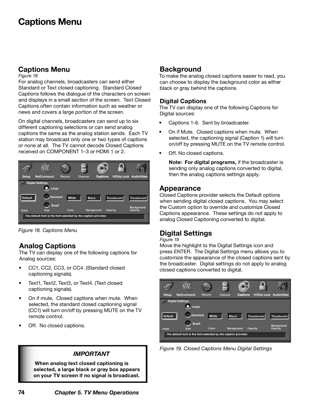 Mitsubishi Electronics WD-62827 manual Captions Menu, Analog Captions, Background, Appearance, Digital Settings 