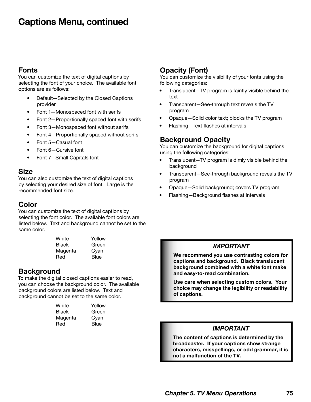 Mitsubishi Electronics WD-62827 manual Fonts, Size, Color, Opacity Font, Background Opacity 