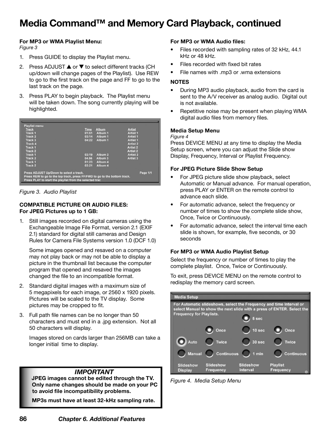 Mitsubishi Electronics WD-62827 Media Command and Memory Card Playback, For MP3 or WMA Playlist Menu, Media Setup Menu 