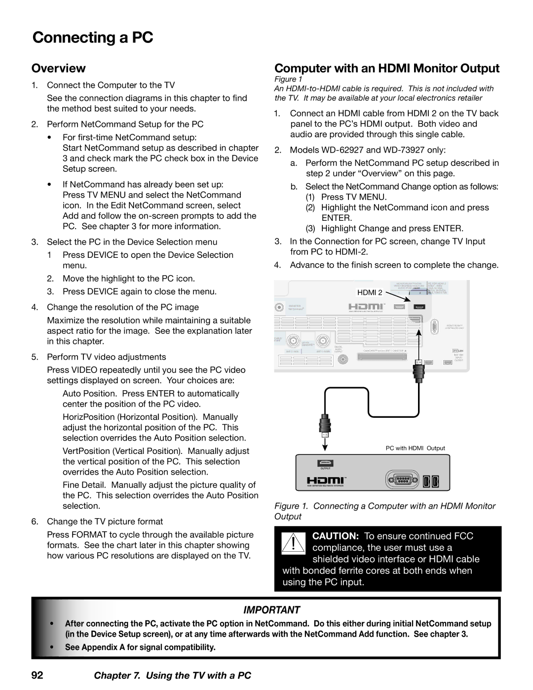 Mitsubishi Electronics WD-62827 manual Connecting a PC, Computer with an Hdmi Monitor Output 