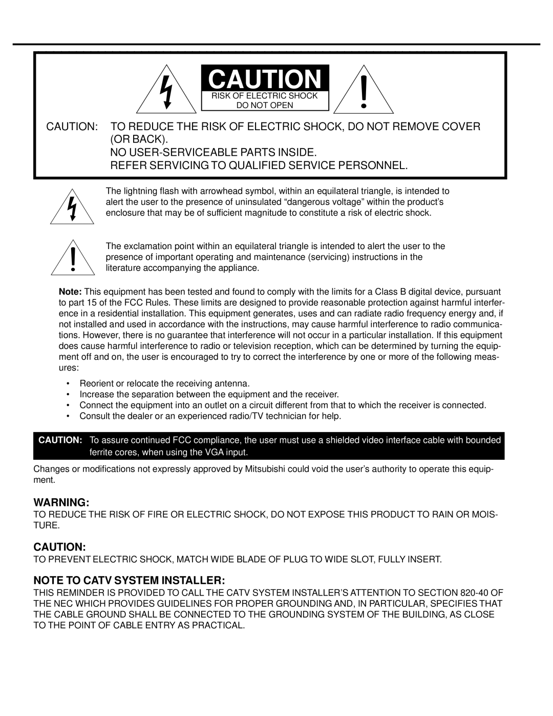 Mitsubishi Electronics WD-65000 manual Risk of Electric Shock Do not Open 