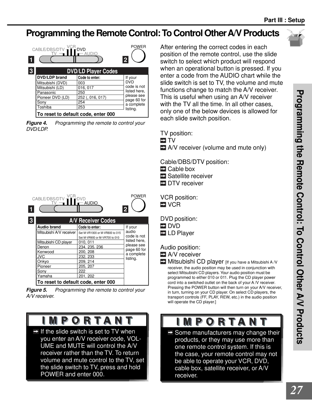 Mitsubishi Electronics WD-65000 manual Programming the Remote, DVD/LD Player Codes 