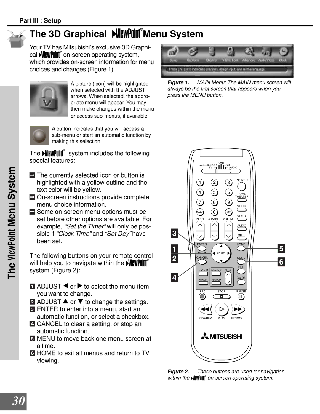 Mitsubishi Electronics WD-65000 manual 3D Graphical Menu System, ViewPoint Menu System 