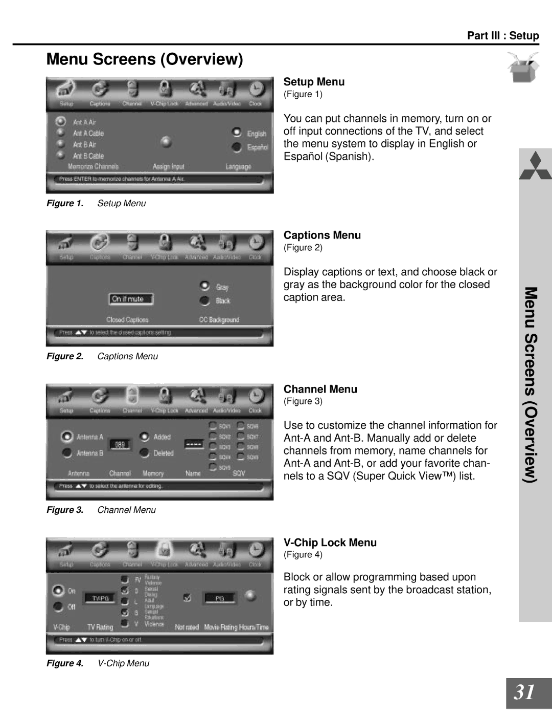 Mitsubishi Electronics WD-65000 manual Menu Screens Overview, Setup Menu, Captions Menu, Channel Menu, Chip Lock Menu 