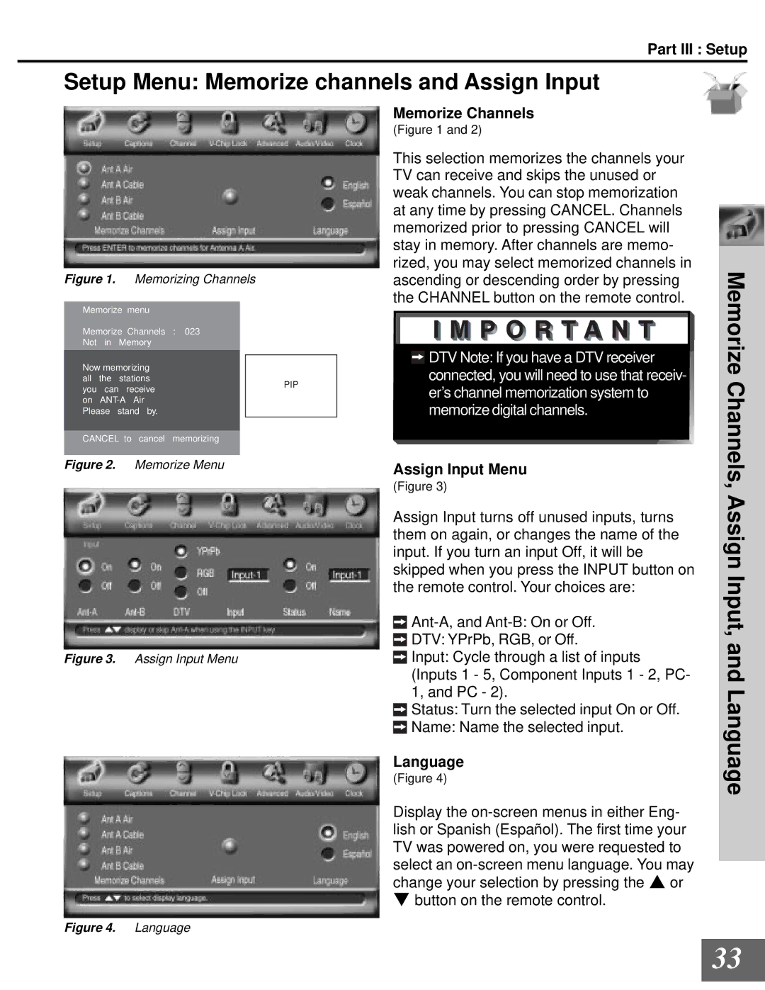 Mitsubishi Electronics WD-65000 manual Setup Menu Memorize channels and Assign Input, Assign Input, and Language 