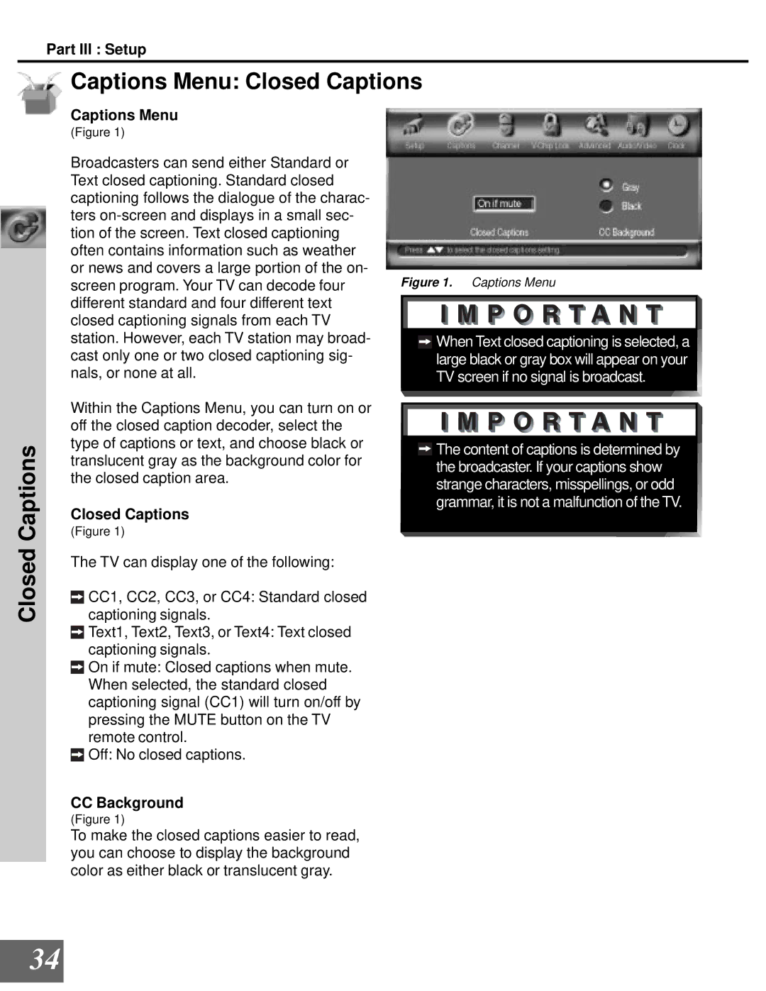 Mitsubishi Electronics WD-65000 manual Captions Menu Closed Captions, CC Background 