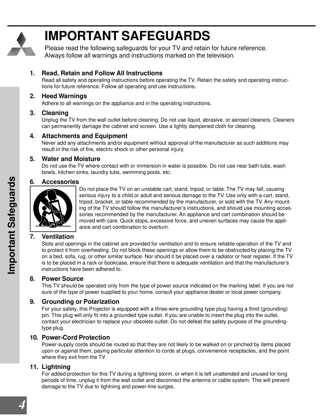 Mitsubishi Electronics WD-65000 manual Important Safeguards 