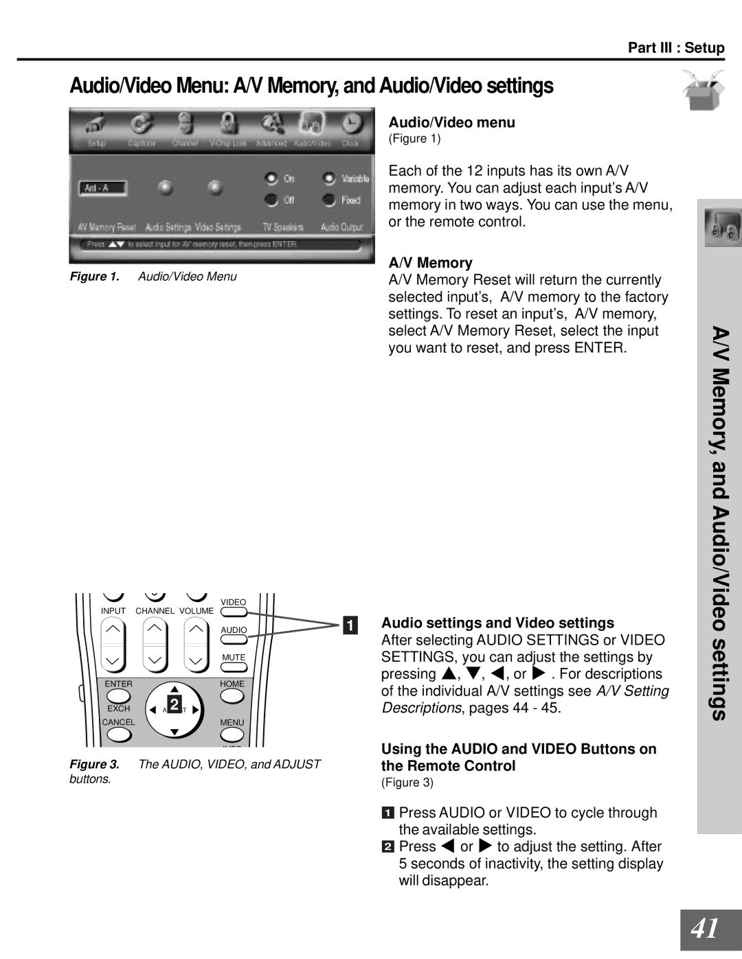 Mitsubishi Electronics WD-65000 manual Audio/Video Menu A/V Memory, and Audio/Video settings, Audio/Video menu 