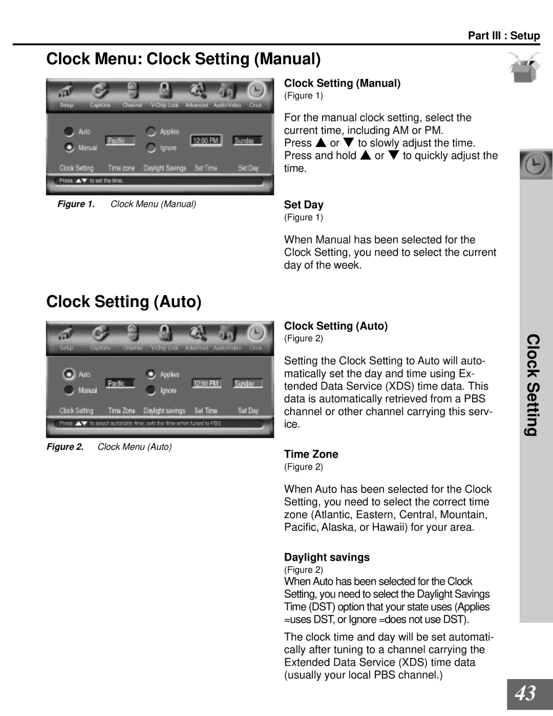 Mitsubishi Electronics WD-65000 manual Clock Menu Clock Setting Manual, Clock Setting Auto 