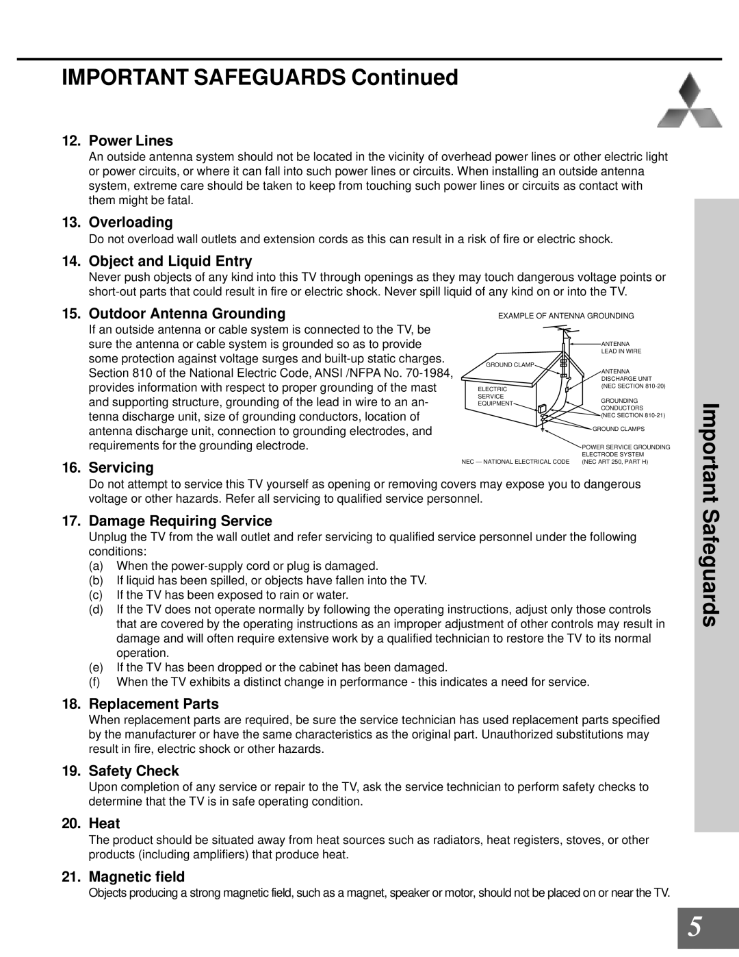 Mitsubishi Electronics WD-65000 manual Safeguards 