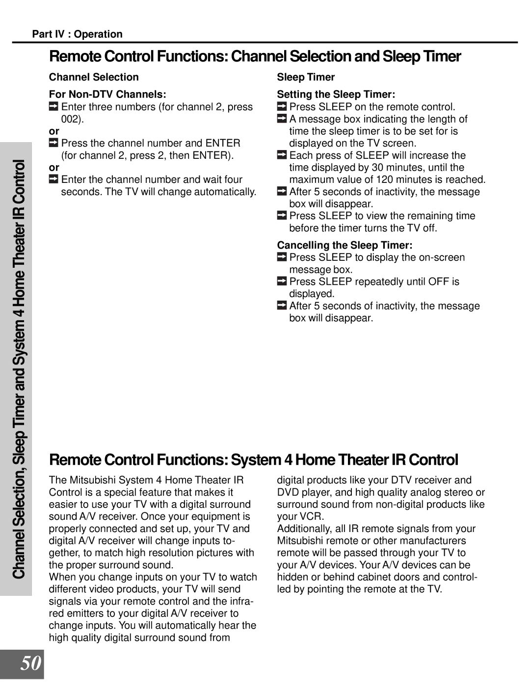 Mitsubishi Electronics WD-65000 manual Remote Control Functions Channel Selection and Sleep Timer 
