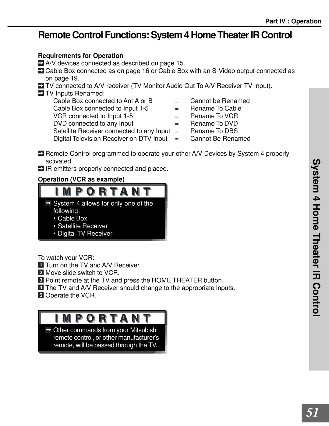 Mitsubishi Electronics WD-65000 System 4 Home Theater IR Control, Requirements for Operation, Operation VCR as example 