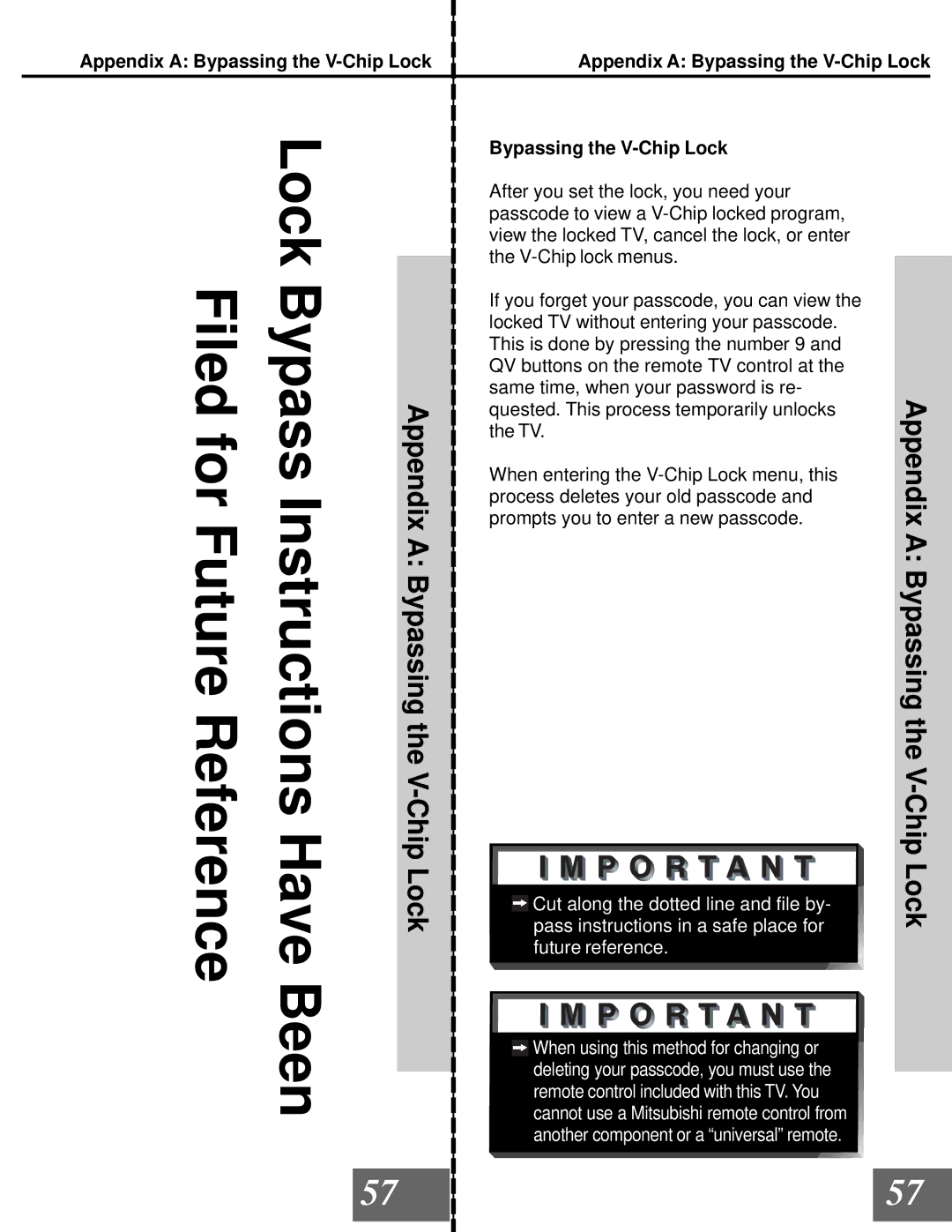 Mitsubishi Electronics WD-65000 manual AppendixABypassingtheV-ChipLock, Appendix a Bypassing the V-Chip Lock 