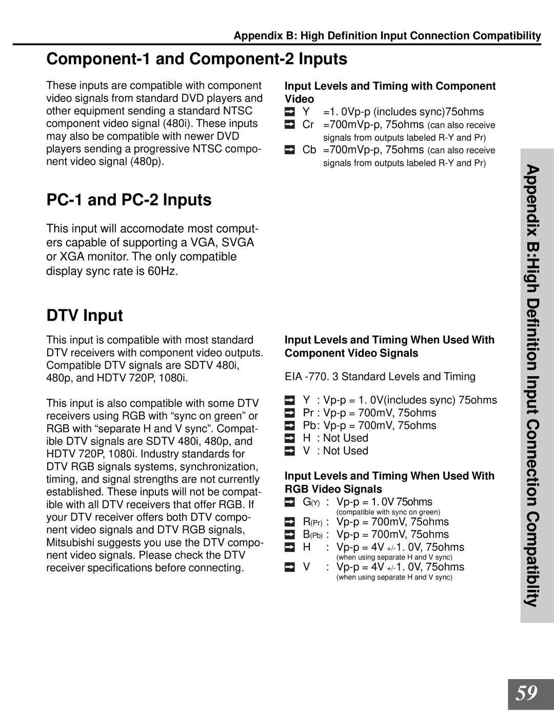 Mitsubishi Electronics WD-65000 manual Component-1 and Component-2 Inputs, PC-1 and PC-2 Inputs, DTV Input 