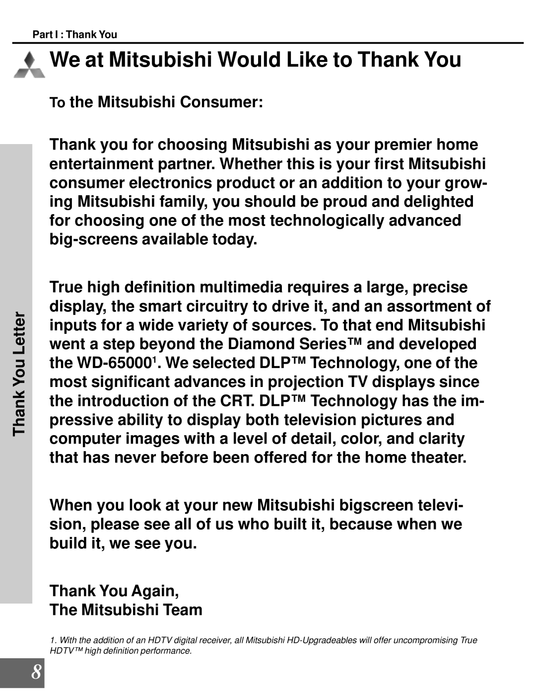 Mitsubishi Electronics WD-65000 manual We at Mitsubishi Would Like to Thank You, Part I Thank You 