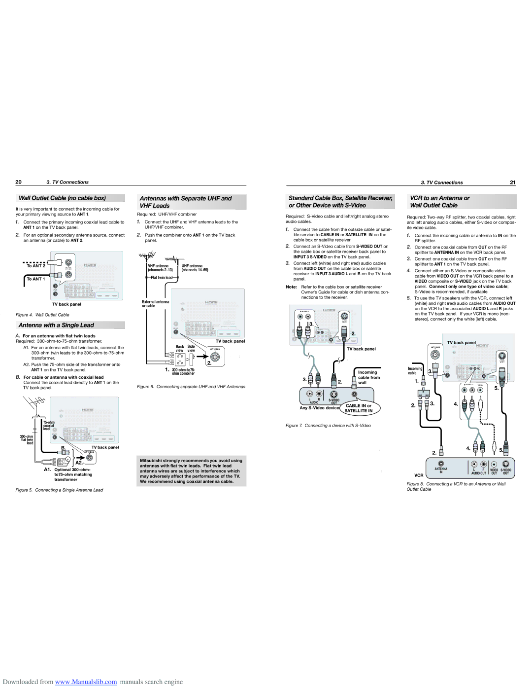 Mitsubishi Electronics WD-73735, WD-65835 Wall Outlet Cable no cable box, Antenna with a Single Lead, 20 3. TV Connections 