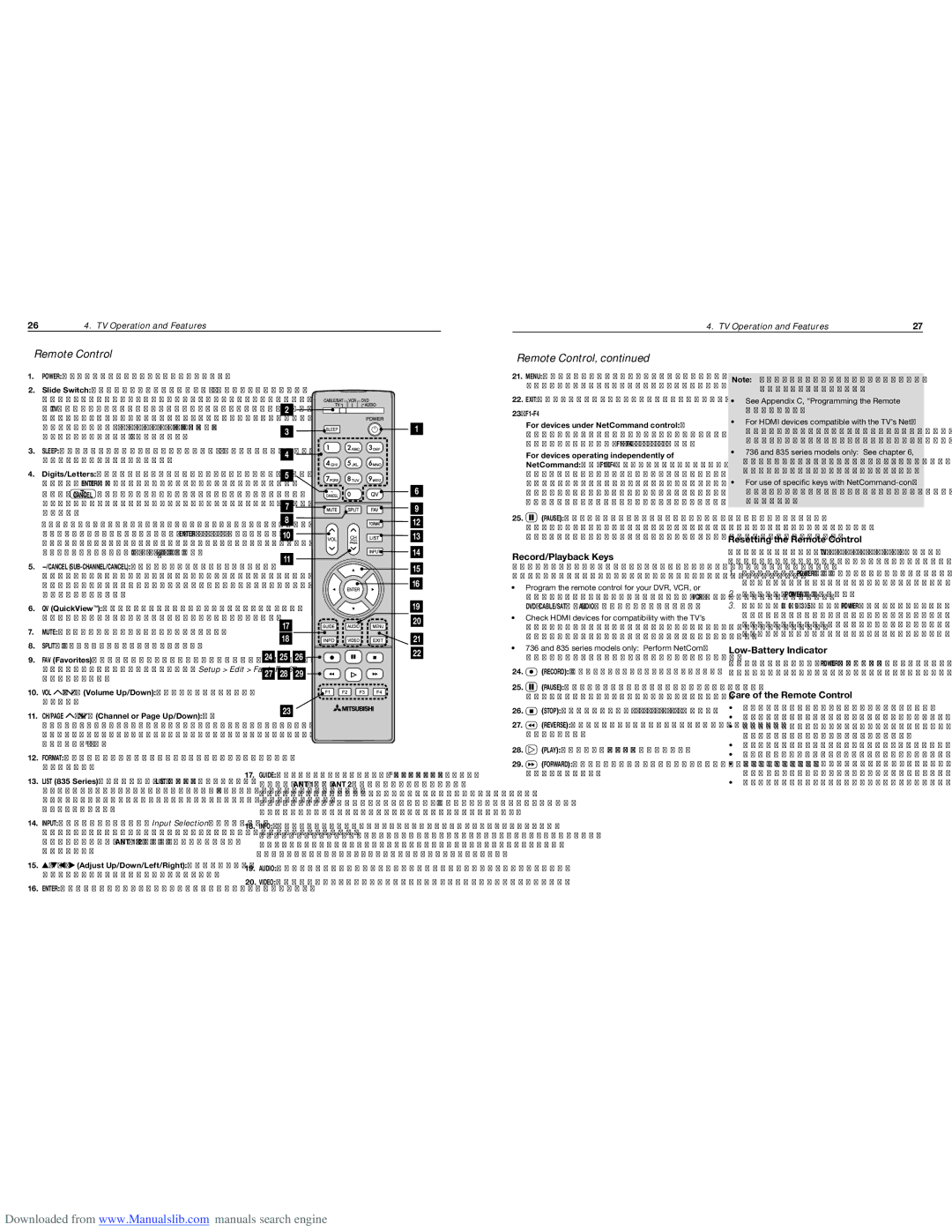 Mitsubishi Electronics WD-65835, WD-60735 Record/Playback Keys, Resetting the Remote Control, Low-Battery Indicator 