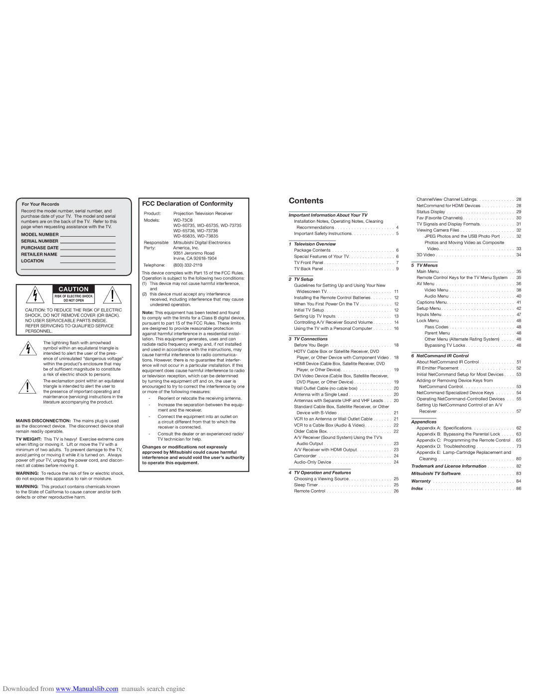 Mitsubishi Electronics WD-65736, WD-65835, WD-60735, WD-65735, WD-73735, WD-73835, WD-73736 manual Contents 