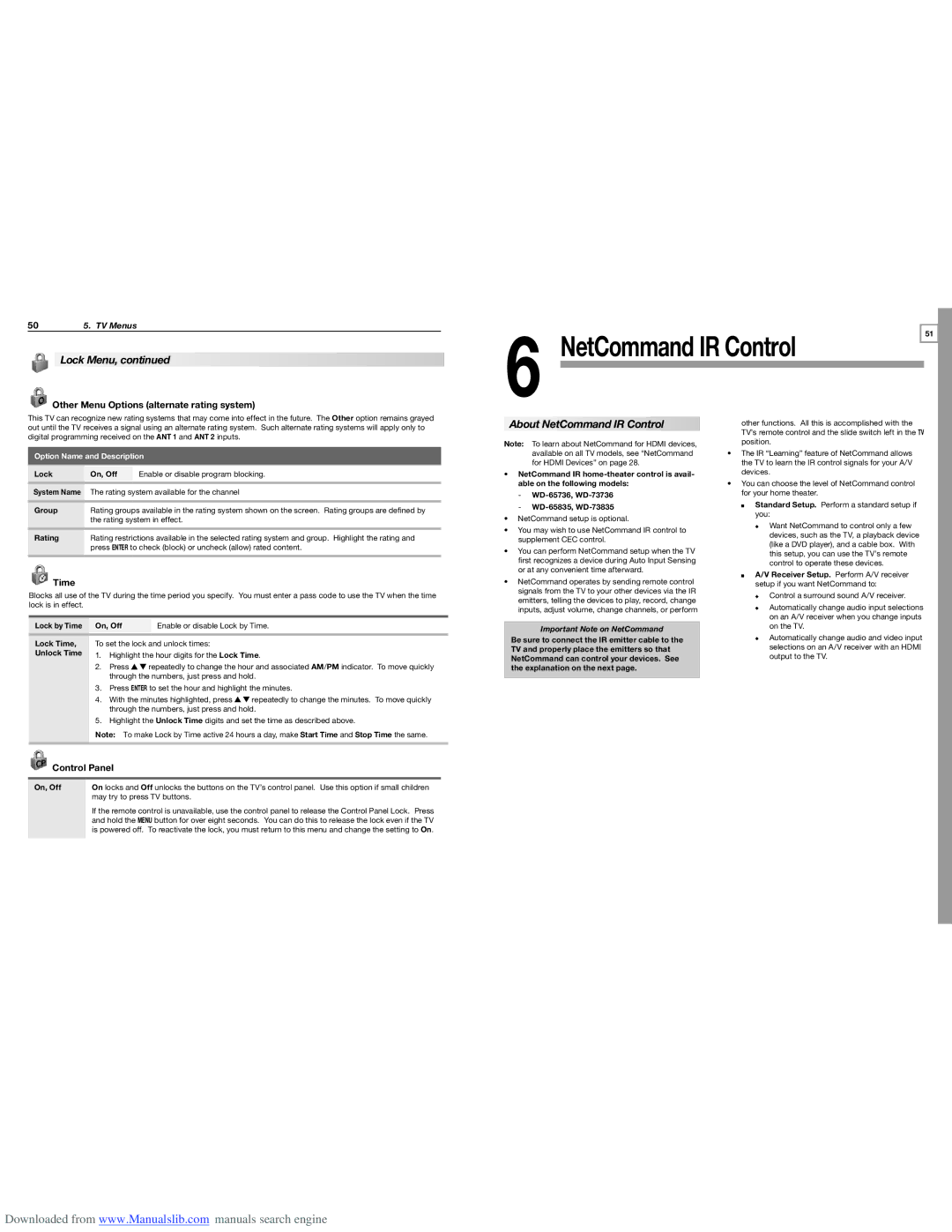 Mitsubishi Electronics WD-73835, WD-65835 About NetCommand IR Control, Other Menu Options alternate rating system, Time 