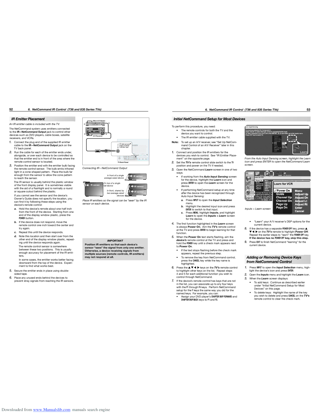 Mitsubishi Electronics WD-73736, WD-65835, WD-60735 manual IR Emitter Placement, Initial NetCommand Setup for Most Devices 