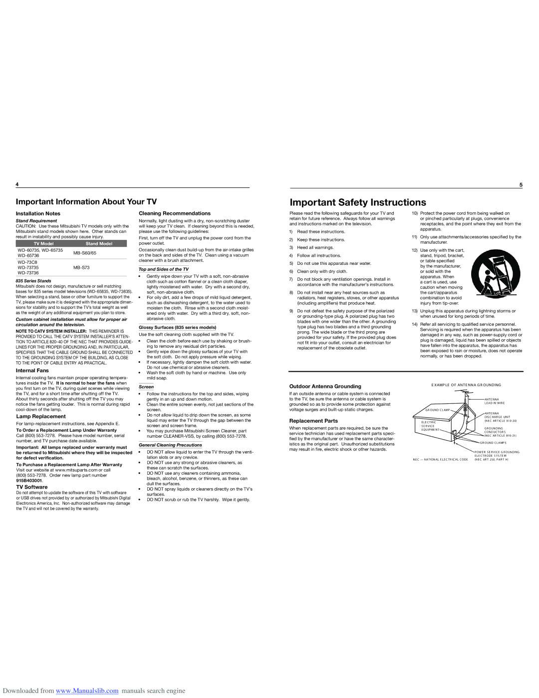 Mitsubishi Electronics WD-65735 Installation Notes, Internal Fans Cleaning Recommendations, Outdoor Antenna Grounding 