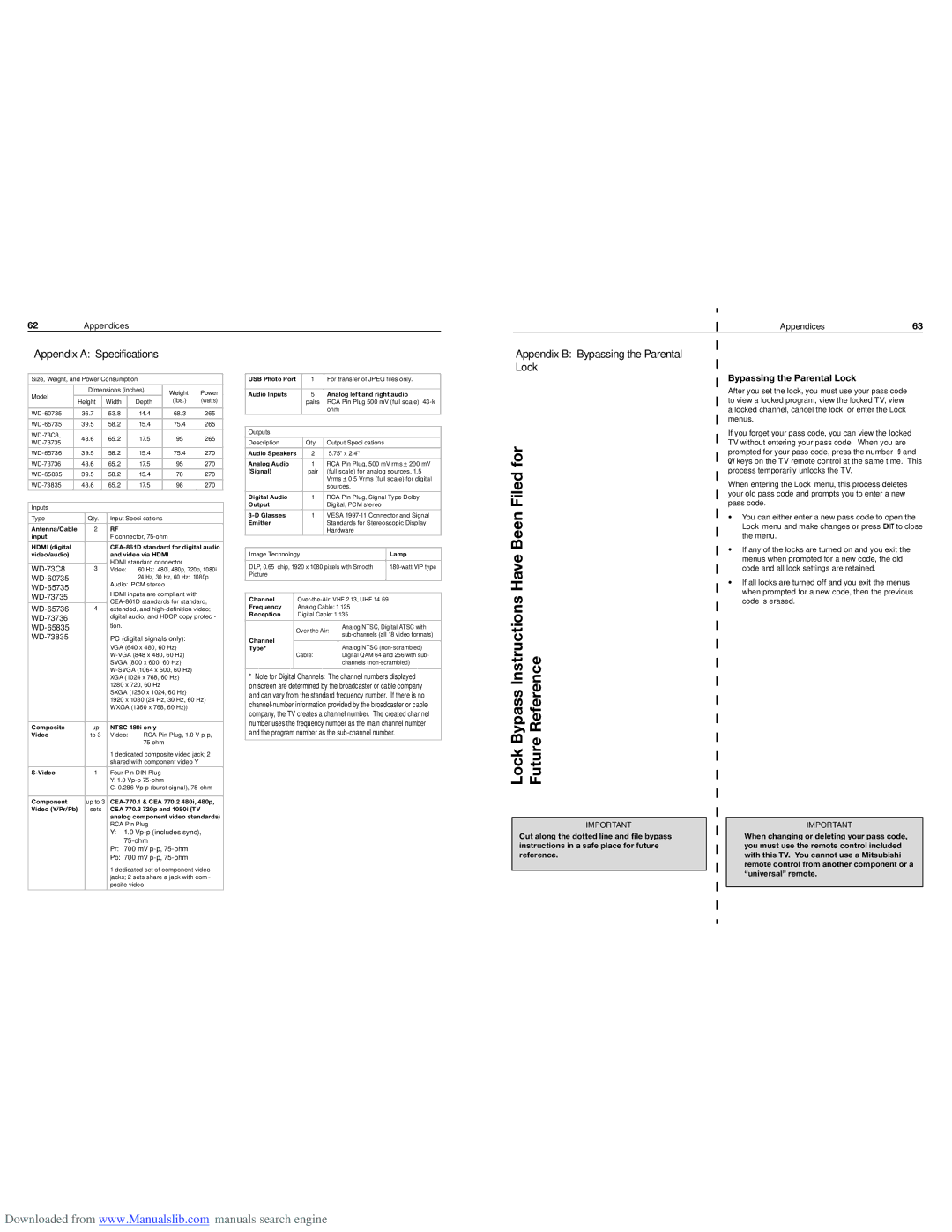 Mitsubishi Electronics WD-73735 Appendix a Specifications, Appendix B Bypassing the Parental Lock, Appendices Appendices63 