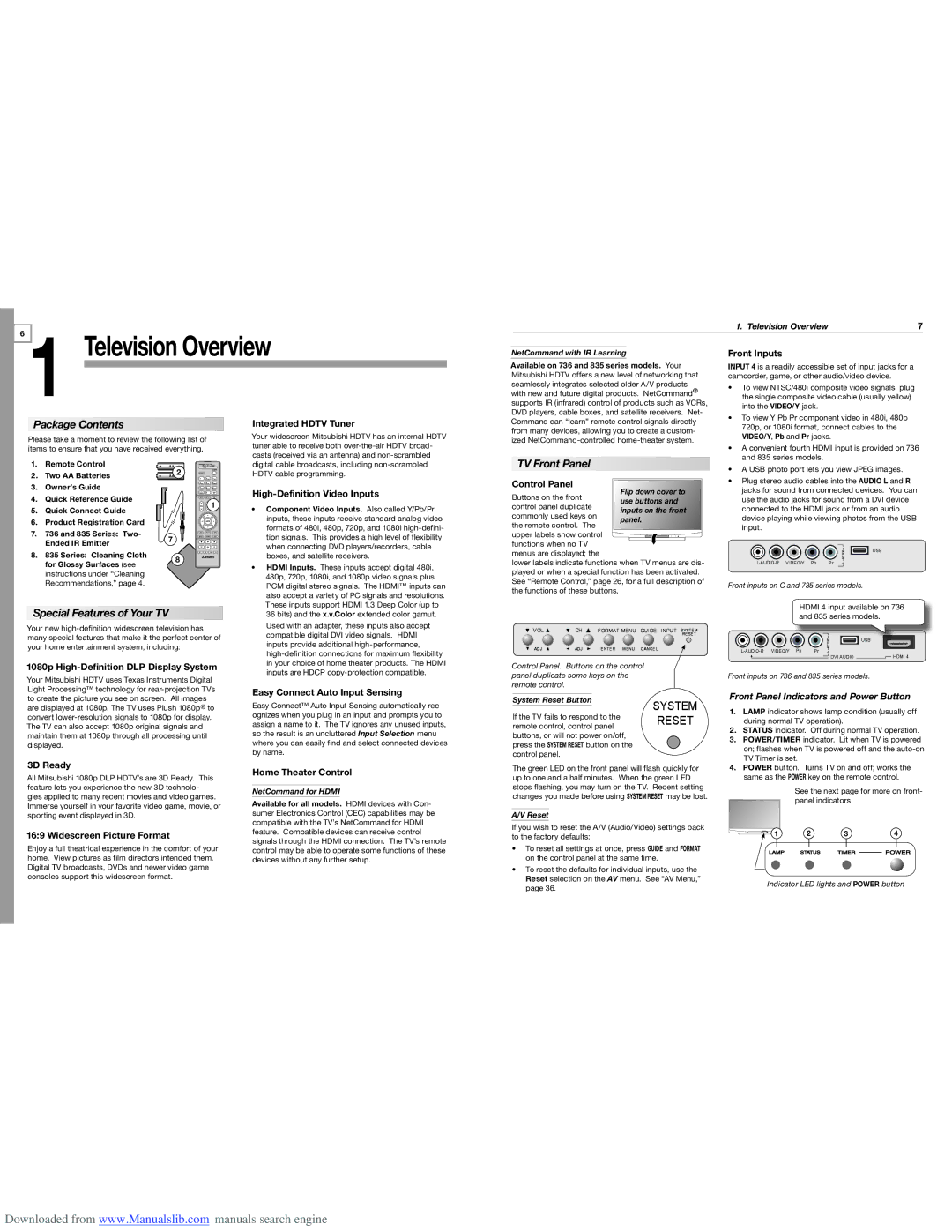 Mitsubishi Electronics WD-73735, WD-65835, WD-60735, WD-65736 Package Contents, TV Front Panel, Special Features of Your TV 