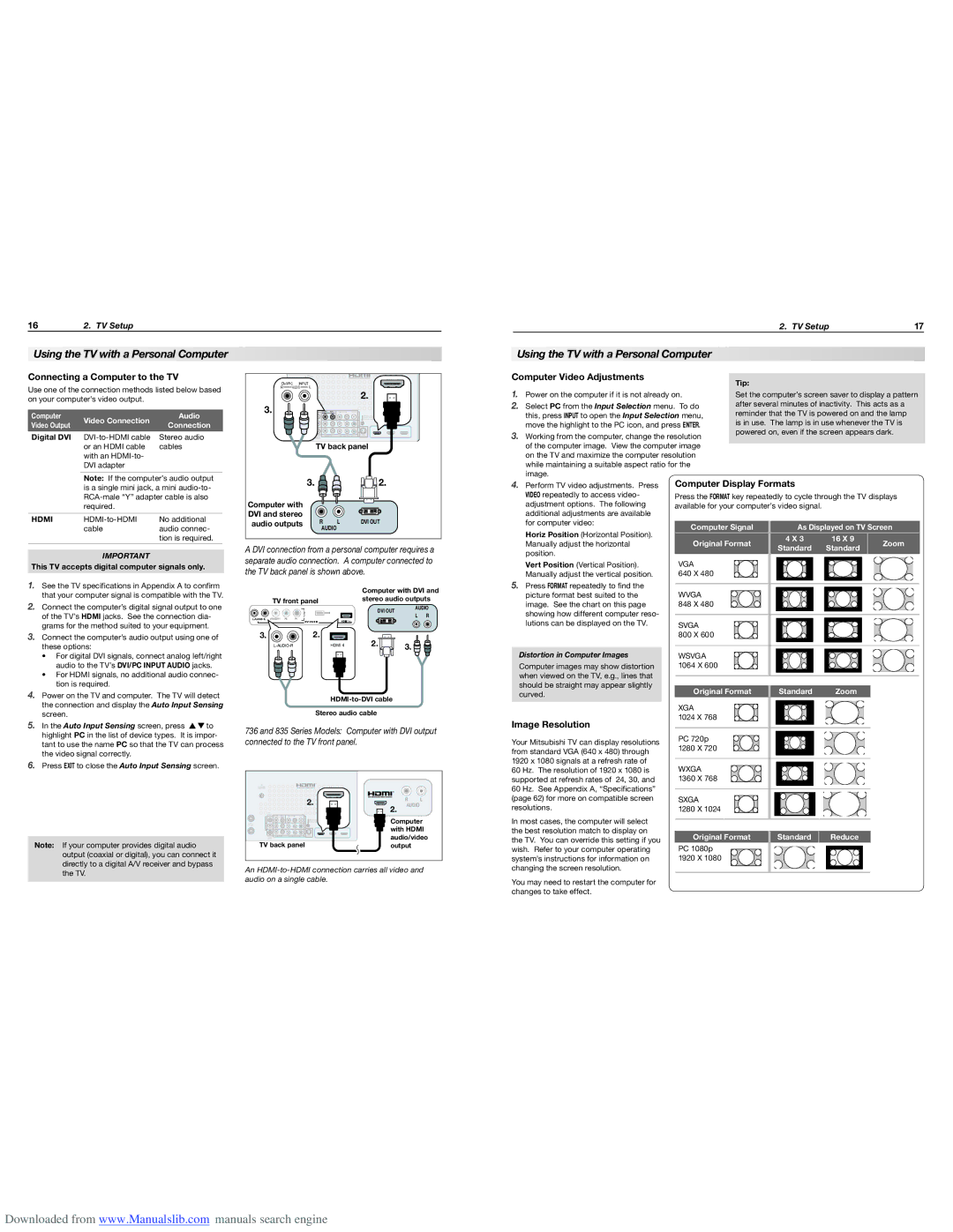 Mitsubishi Electronics WD-65736, WD-65835, WD-60735, WD-65735, WD-73735, WD-73835 manual Using the TV with a Personal Computer 