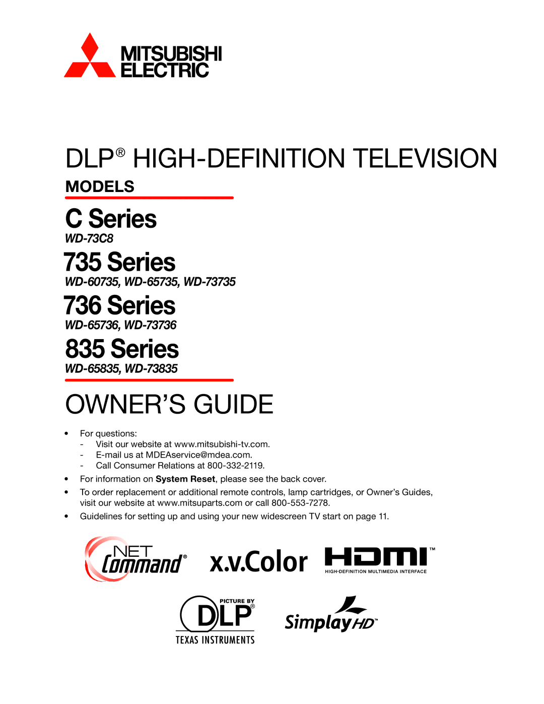 Mitsubishi Electronics manual WD-73C8, WD-60735, WD-65735, WD-73735, WD-65736, WD-73736, WD-65835, WD-73835 