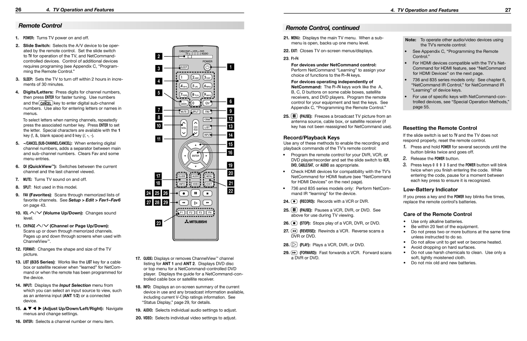 Mitsubishi Electronics WD-73835, WD-65835 Record/Playback Keys, Resetting the Remote Control, Low-Battery Indicator 