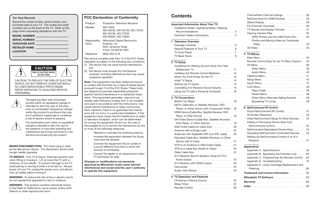 Mitsubishi Electronics WD-65736, WD-65835, WD-60735, WD-65735, WD-73C8, WD-73735, WD-73835, WD-73736 manual Contents 