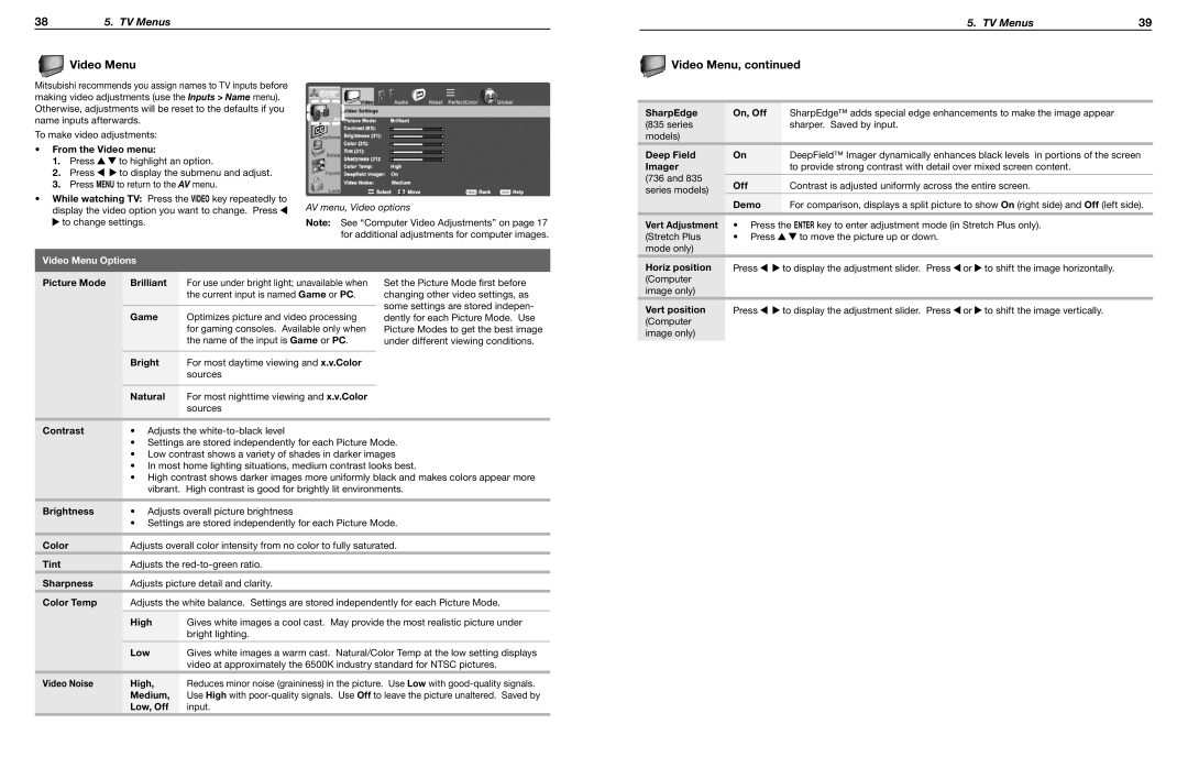 Mitsubishi Electronics WD-73C8, WD-65835, WD-60735, WD-65736, WD-65735, WD-73735, WD-73835, WD-73736 manual Video Menu Options 