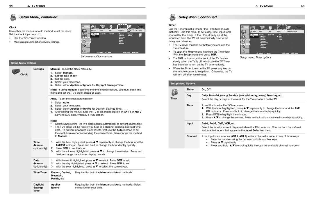 Mitsubishi Electronics WD-73736, WD-65835, WD-60735, WD-65736, WD-65735, WD-73C8, WD-73735, WD-73835 Setup menu, Clock options 