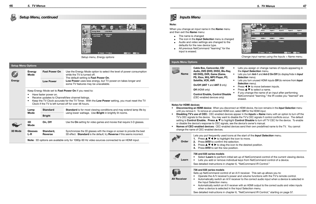 Mitsubishi Electronics WD-65835, WD-60735, WD-65736, WD-65735, WD-73C8, WD-73735, WD-73835, WD-73736 Inputs Menu Options 