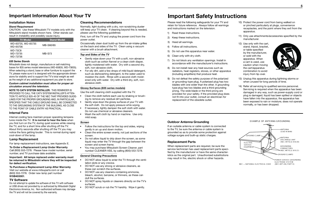 Mitsubishi Electronics WD-65735 Installation Notes, Internal Fans Cleaning Recommendations, Outdoor Antenna Grounding 