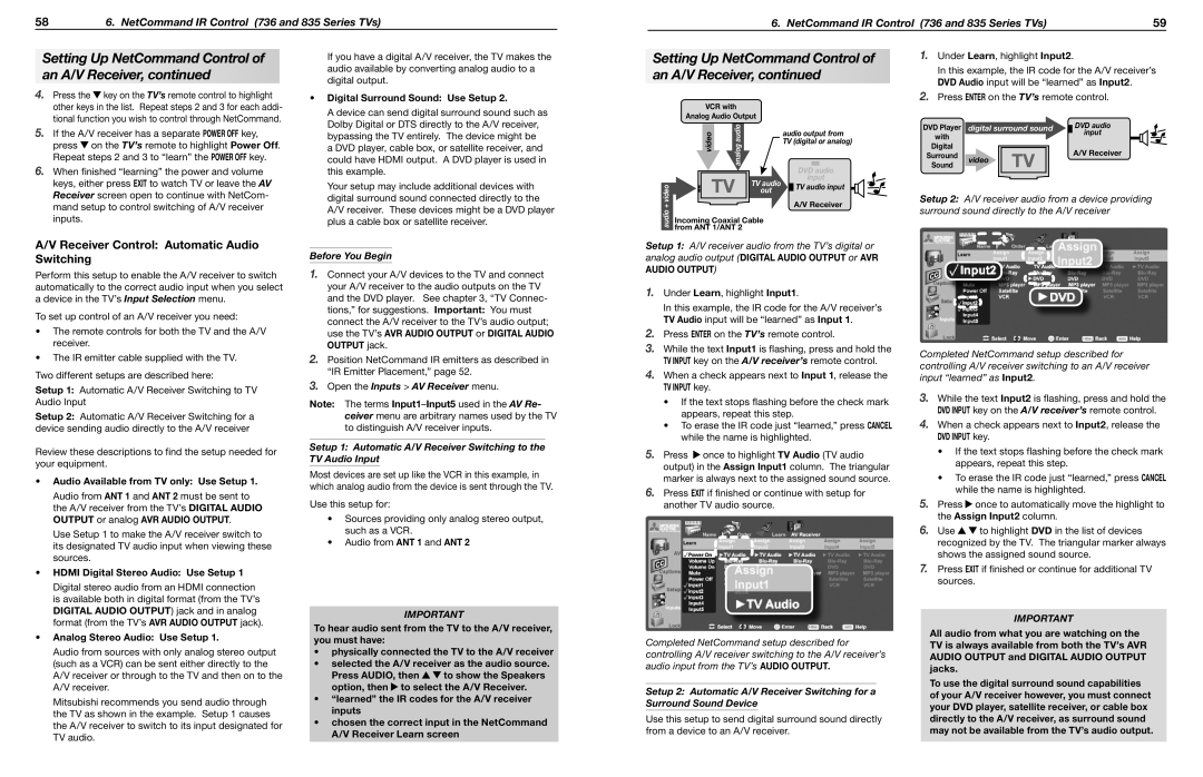 Mitsubishi Electronics WD-73835, WD-65835, WD-60735, WD-65736 manual Receiver Control Automatic Audio Switching, Audio Output 