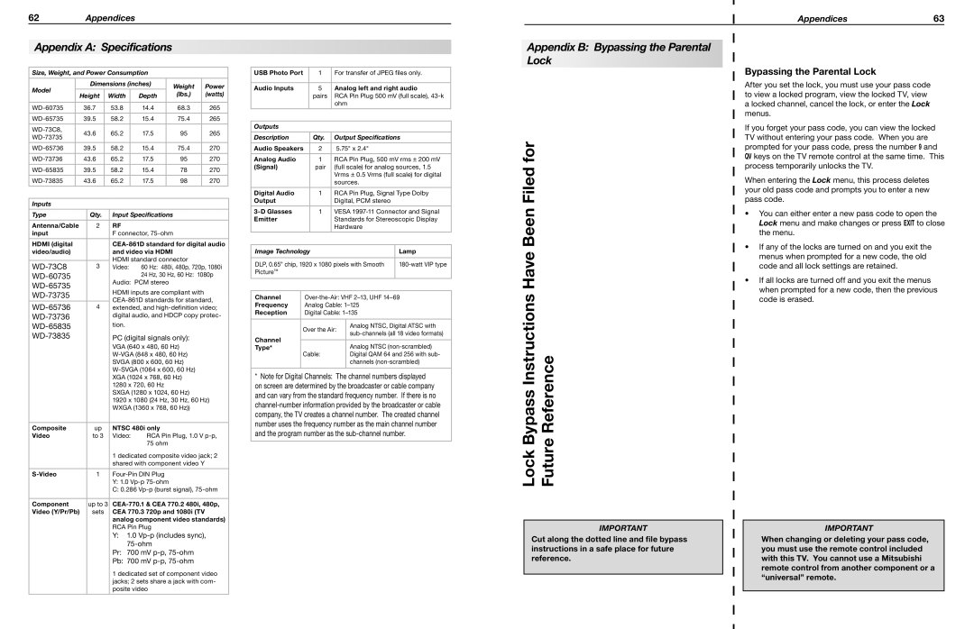 Mitsubishi Electronics WD-65835, WD-60735, WD-65736 manual Appendix a Specifications, Appendix B Bypassing the Parental Lock 