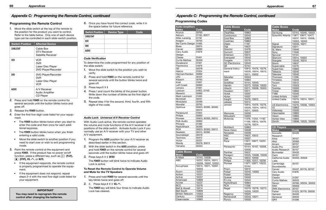 Mitsubishi Electronics WD-65736, WD-65835, WD-60735 Programming the Remote Control, Programming Codes, Code Verification 