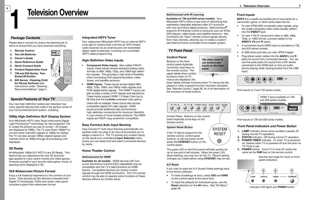 Mitsubishi Electronics WD-73C8, WD-65835, WD-60735, WD-65736 Package Contents, TV Front Panel, Special Features of Your TV 