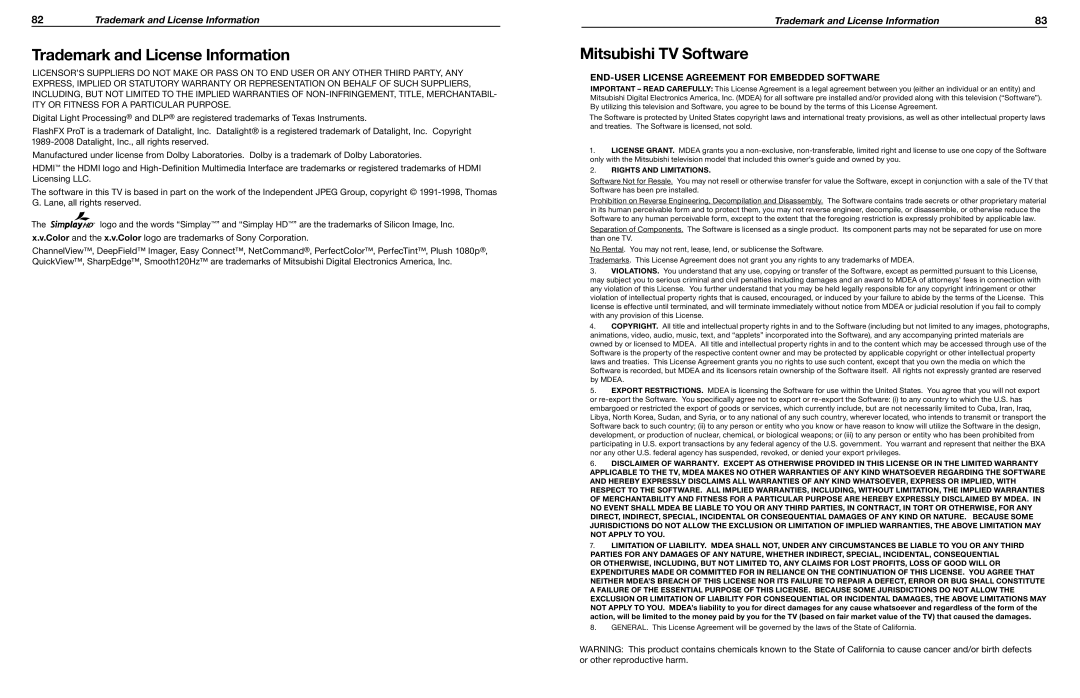 Mitsubishi Electronics WD-65736, WD-65835, WD-60735, WD-65735, WD-73C8, WD-73735, WD-73835 Trademark and License Information 