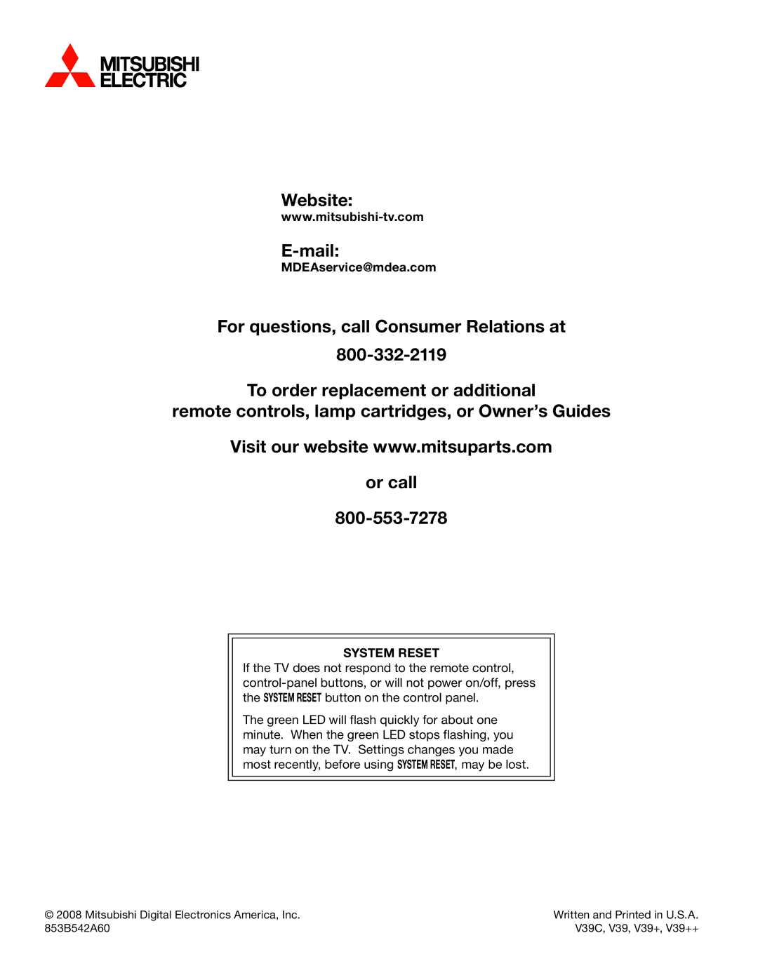 Mitsubishi Electronics WD-73735, WD-65835, WD-60735, WD-65736, WD-65735, WD-73C8, WD-73835 MDEAservice@mdea.com, System Reset 