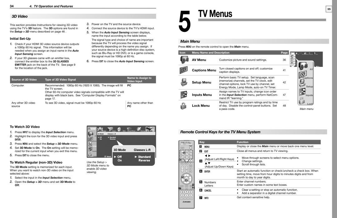 Mitsubishi Electronics WD-65736 TV Menus, 3D Video, Main Menu, Remote Control Keys for the TV Menu System, Initial Set-Up 